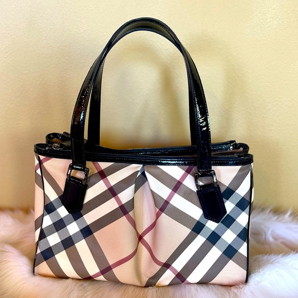 BURBERRY Patent Trim Supernova Check Medium Melbury Tote Black - Picture 1 of 16